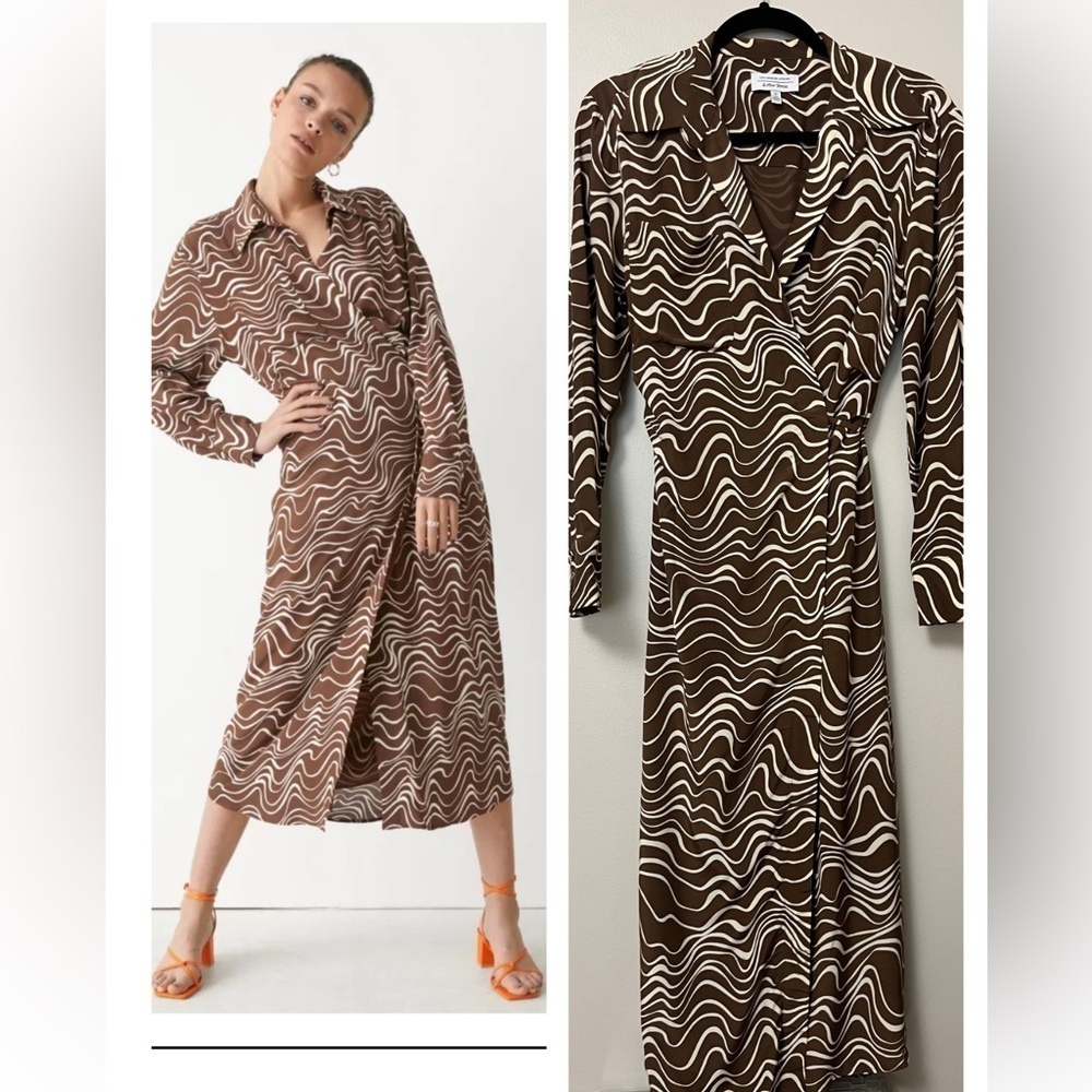 &otherStories chocolate brown Abstract Print Long Sleeve Midi wrap Dress size 2